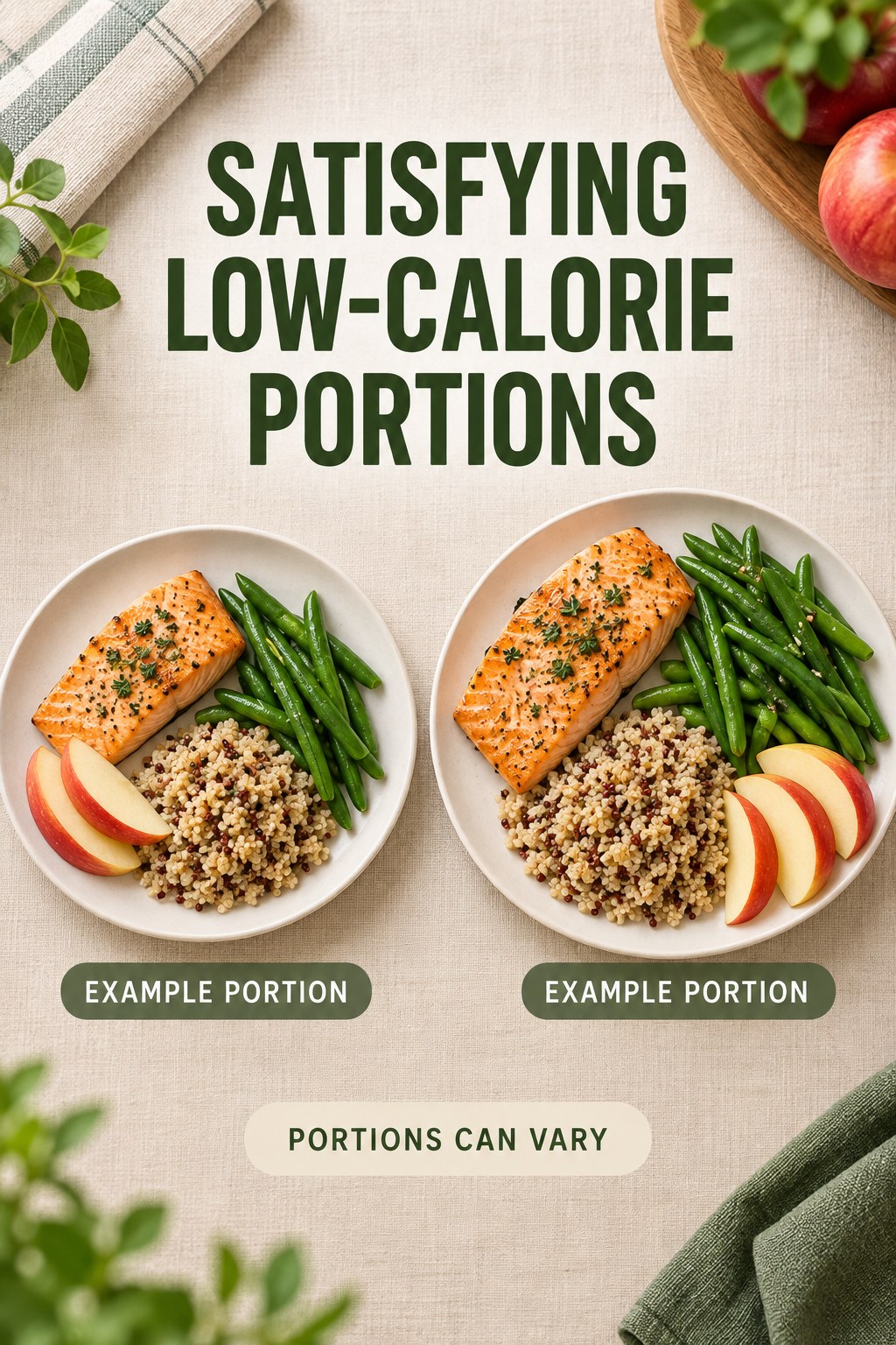 Satisfying Low-Calorie Portions visual using salmon, quinoa, green beans, and apple as flexible example portions for Low Calorie Meals.
