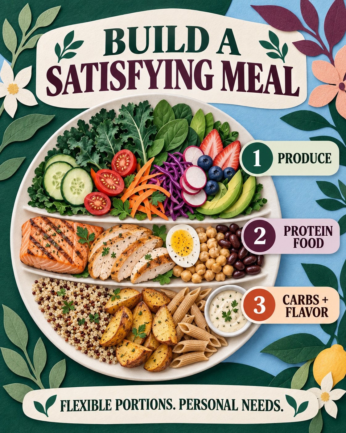 Emerald, plum, peach, cream, and blue plate infographic showing three flexible meal-building layers.