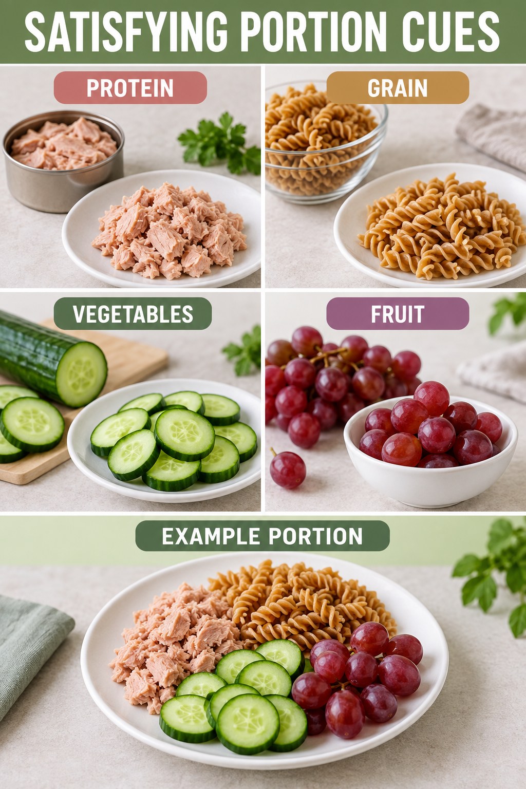 Satisfying Portion Cues visual using tuna, whole-wheat pasta, cucumber, and grapes as flexible example portions for Weight Loss Foods.