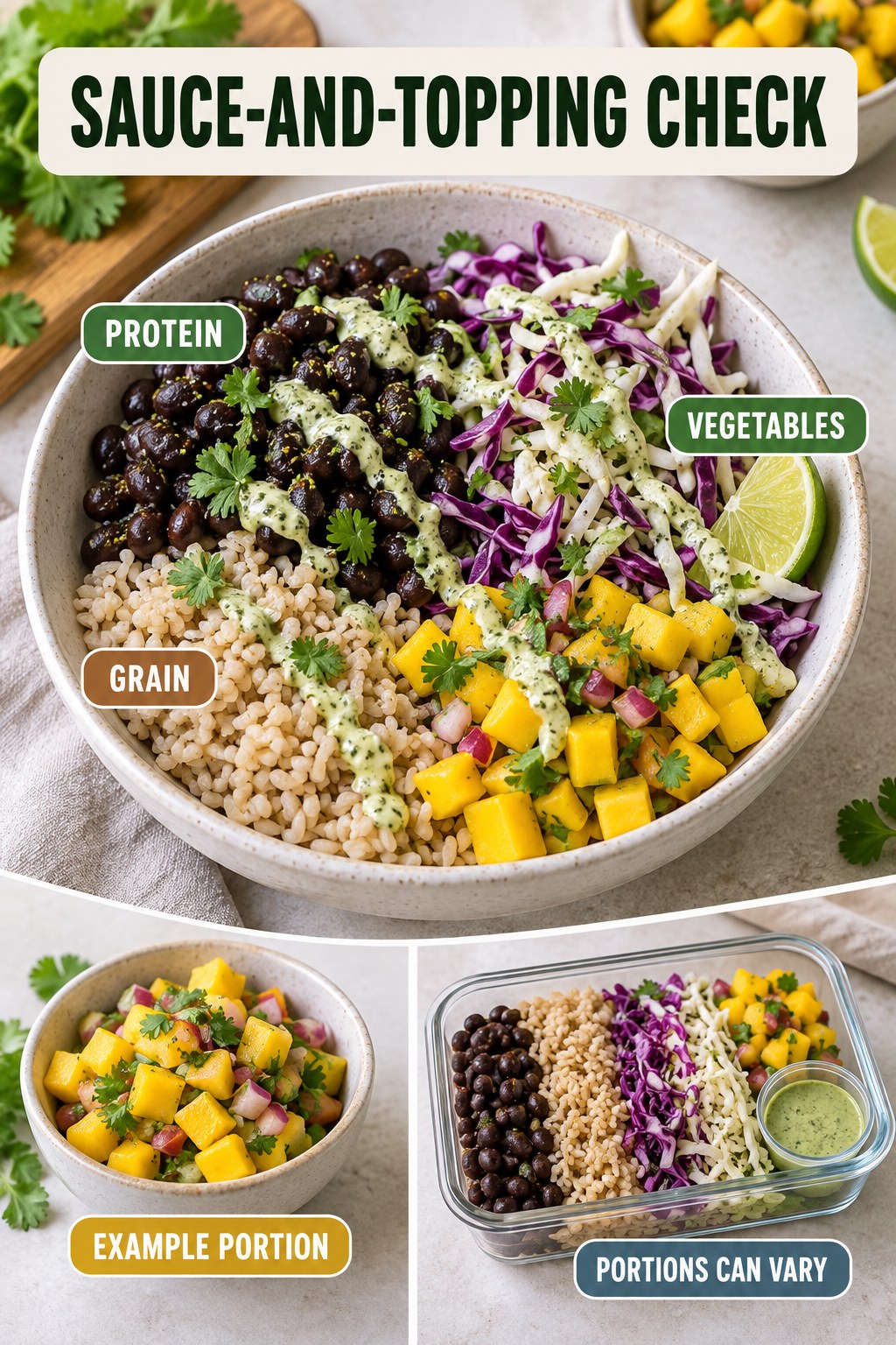 Sauce-and-Topping Check visual using black beans, brown rice, cabbage, and mango as flexible example portions for High Protein Bowls.