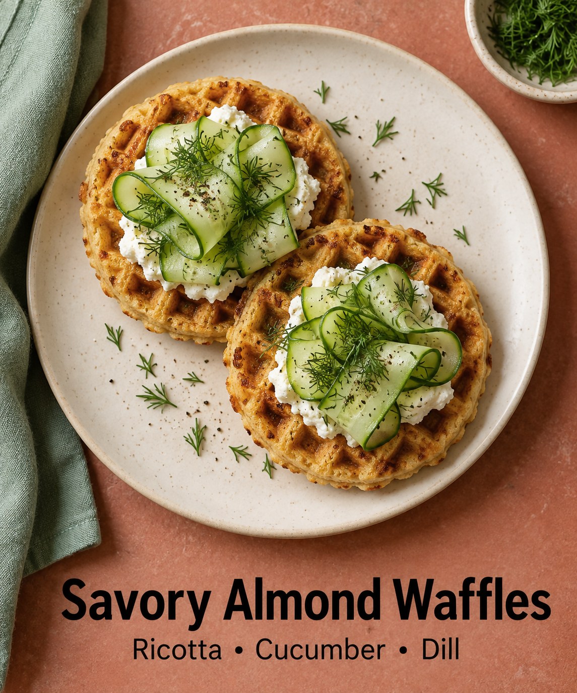 Almond waffles with ricotta cucumber ribbons and dill above the words Savory Almond Waffles.