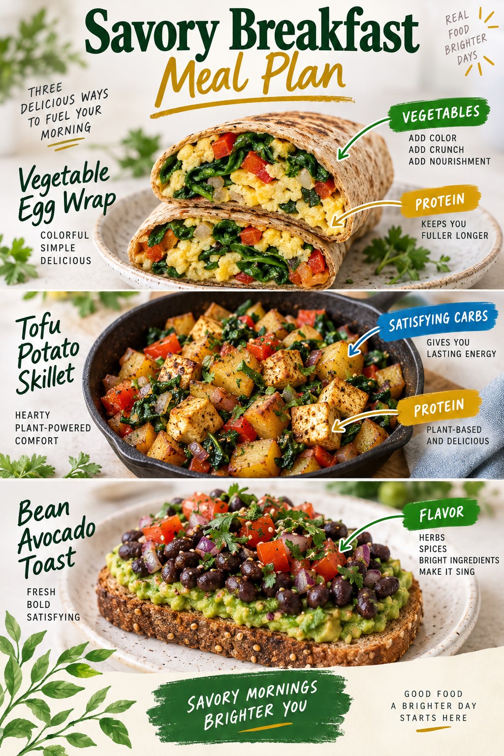 Portrait infographic showing a vegetable egg wrap, tofu potato skillet, and bean avocado toast with vegetables, protein, carbohydrates, and flavor cues.