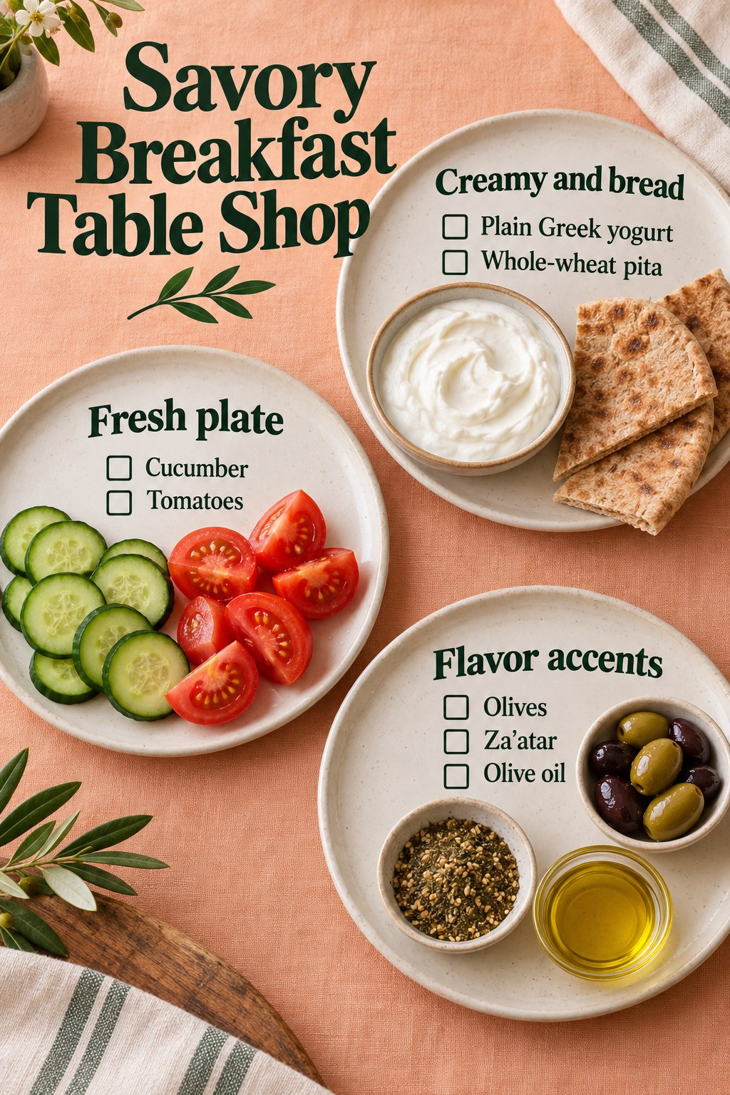Peach tablecloth grocery plates listing Greek yogurt, whole-wheat pita, cucumber, tomatoes, olives, za’atar and olive oil.