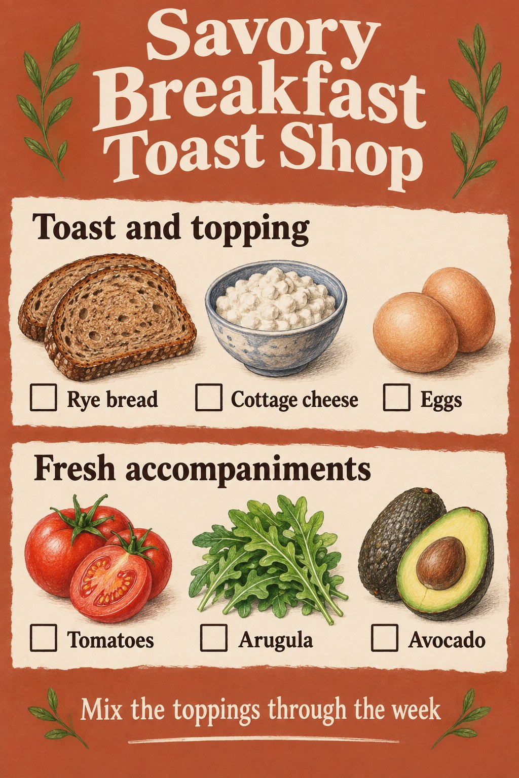 Terracotta shopping graphic listing rye bread, cottage cheese, eggs, tomatoes, arugula and avocado for savory breakfast toast.