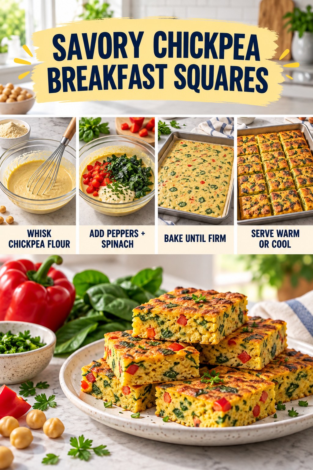 Savory chickpea breakfast square infographic showing chickpea flour batter, peppers and spinach, baking, and golden sliced squares.