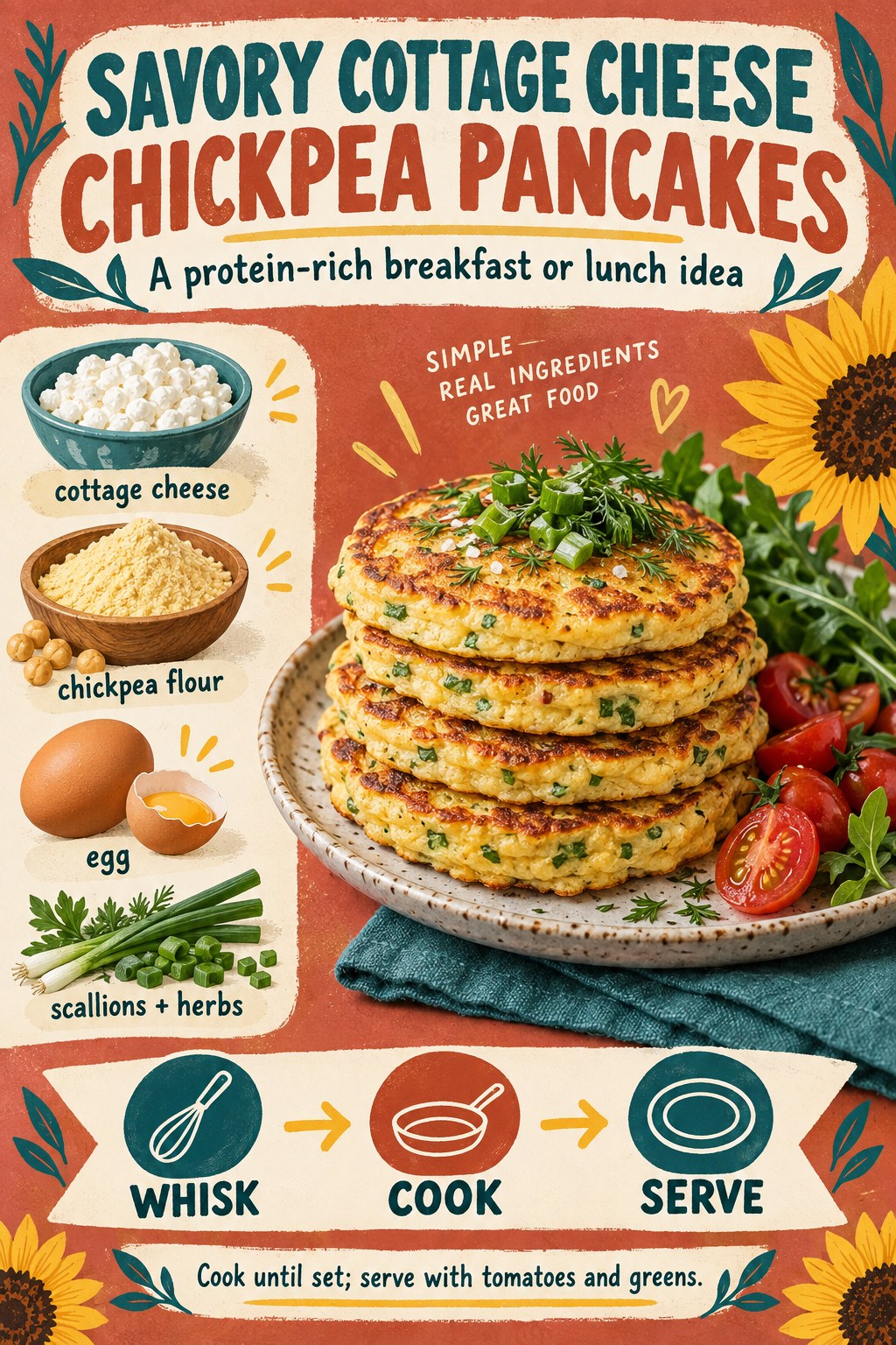 Recipe infographic showing savory cottage cheese chickpea pancakes with egg, scallions, herbs, tomatoes, and greens