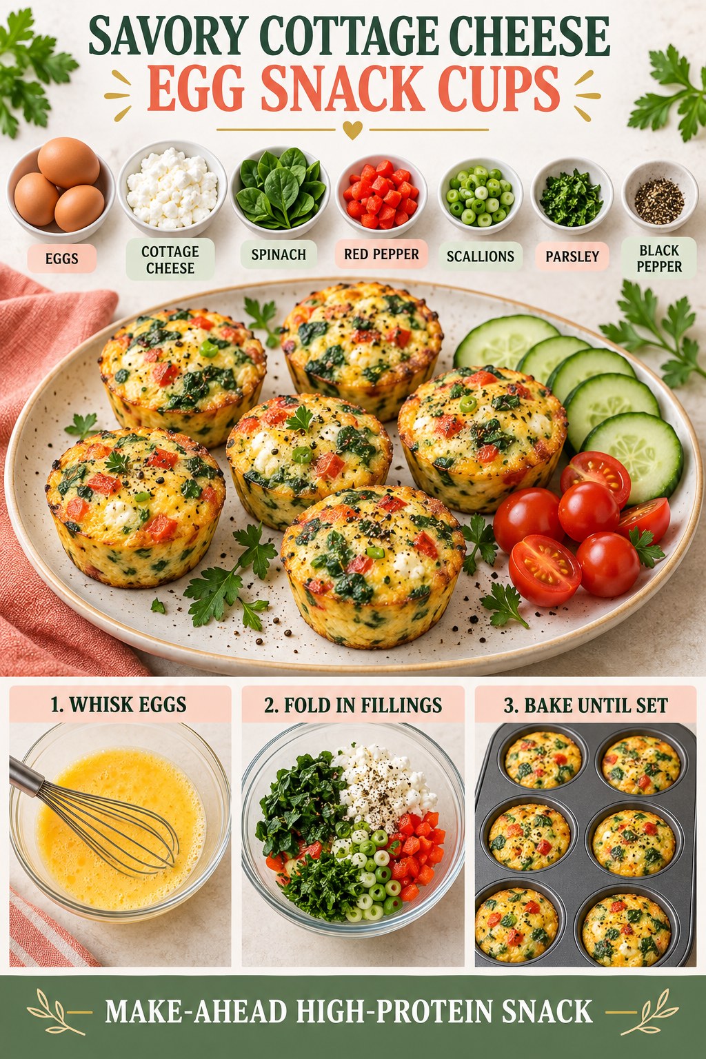 Baked egg snack cups with cottage cheese, spinach, red pepper, scallions, parsley, cucumber, and tomatoes.