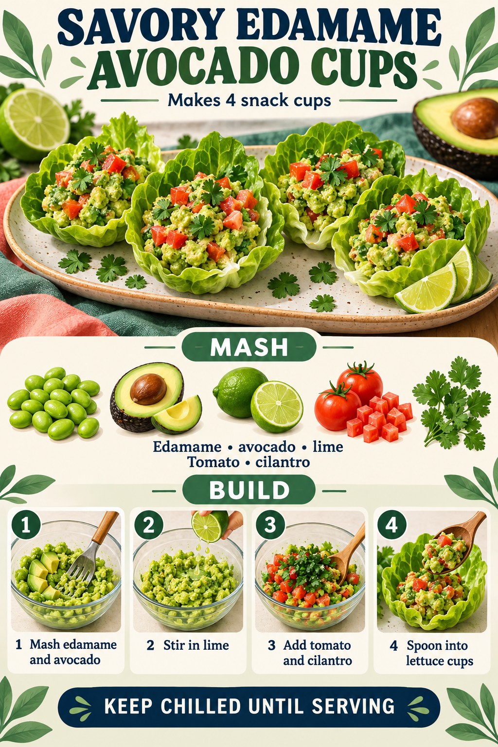 Savory edamame avocado lettuce cup snack infographic