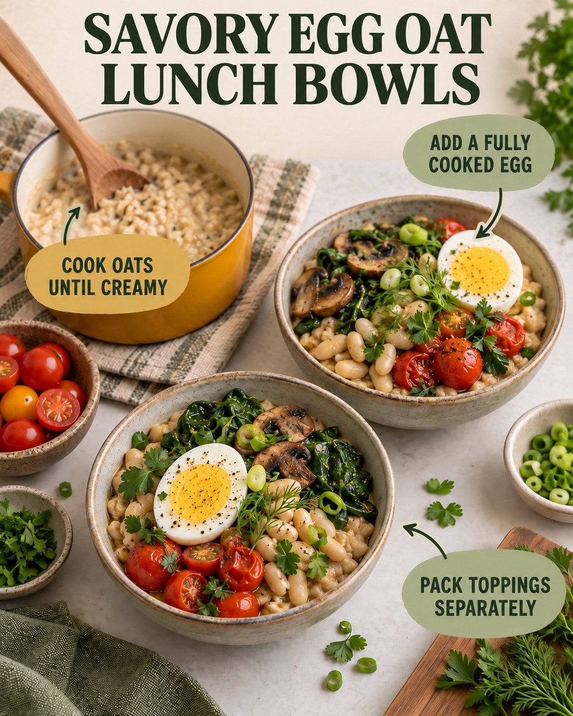 Two savory oat lunch bowls with fully cooked eggs, white beans, spinach, mushrooms, tomatoes, scallions, and herbs.