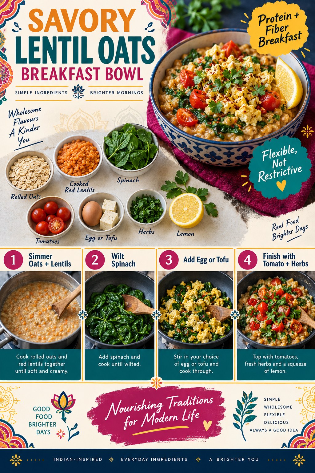Portrait recipe infographic showing oats, red lentils, spinach, egg or tofu, tomatoes, herbs, lemon, and four cooking steps.