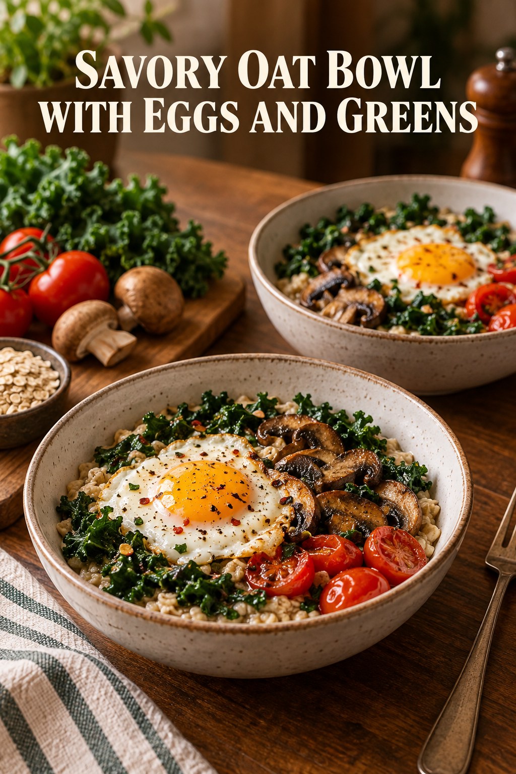 Two servings of savory oat bowl with eggs and greens made with eggs, oats, and vegetables.