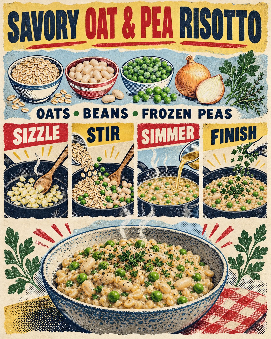 Cream, navy, pea green, red, mustard, and pale blue newspaper-collage infographic for savory oat risotto.