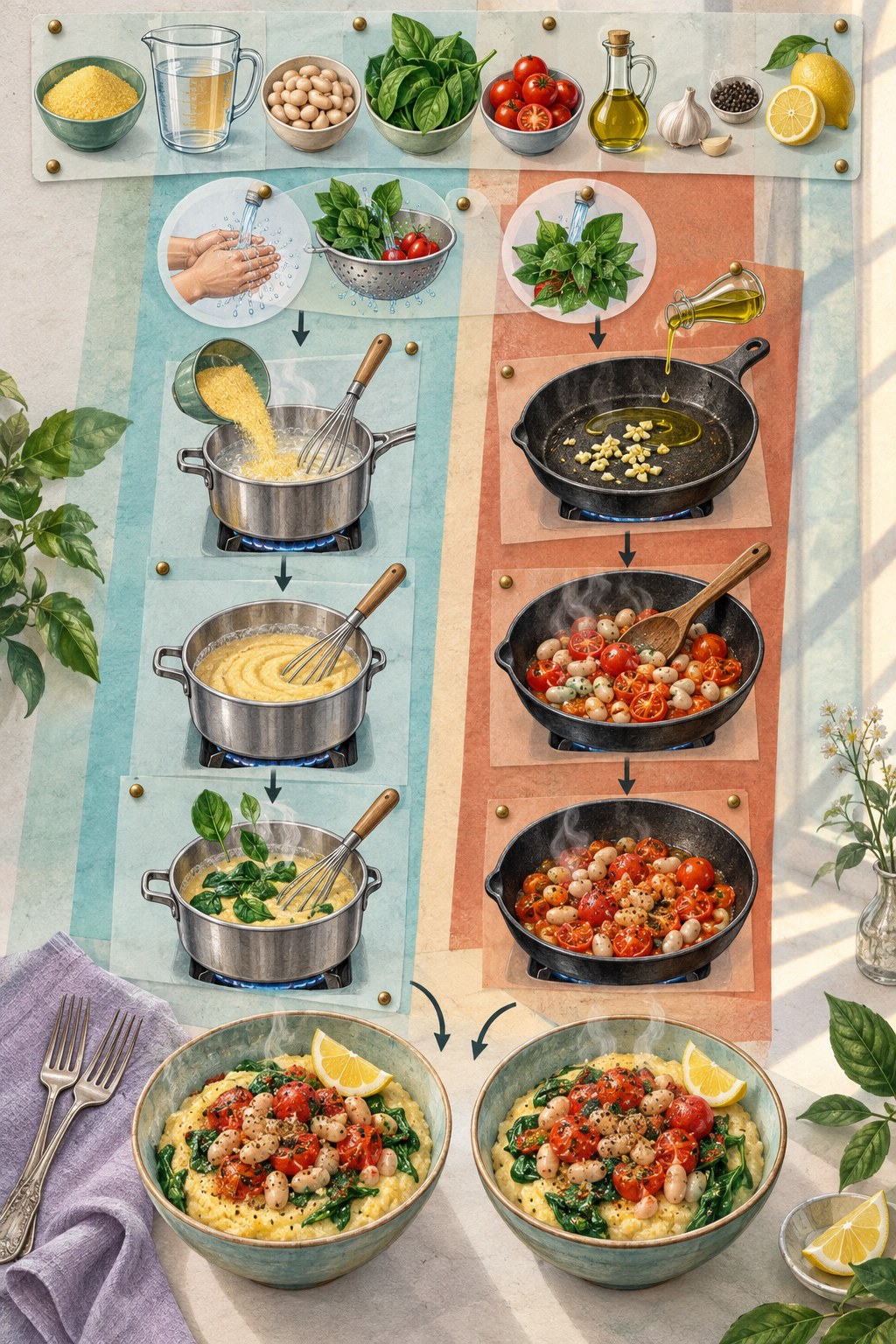 Vellum-collage recipe diagram with parallel polenta and bean-tomato cooking tracks ending in two breakfast bowls.