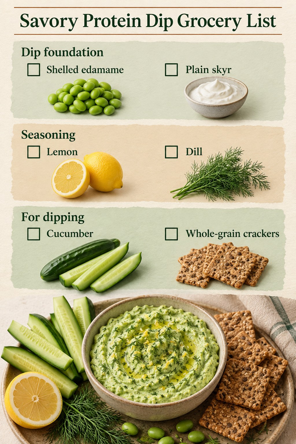 Ivory and green grocery ribbons listing shelled edamame, plain skyr, lemon, dill, cucumber and whole-grain crackers.