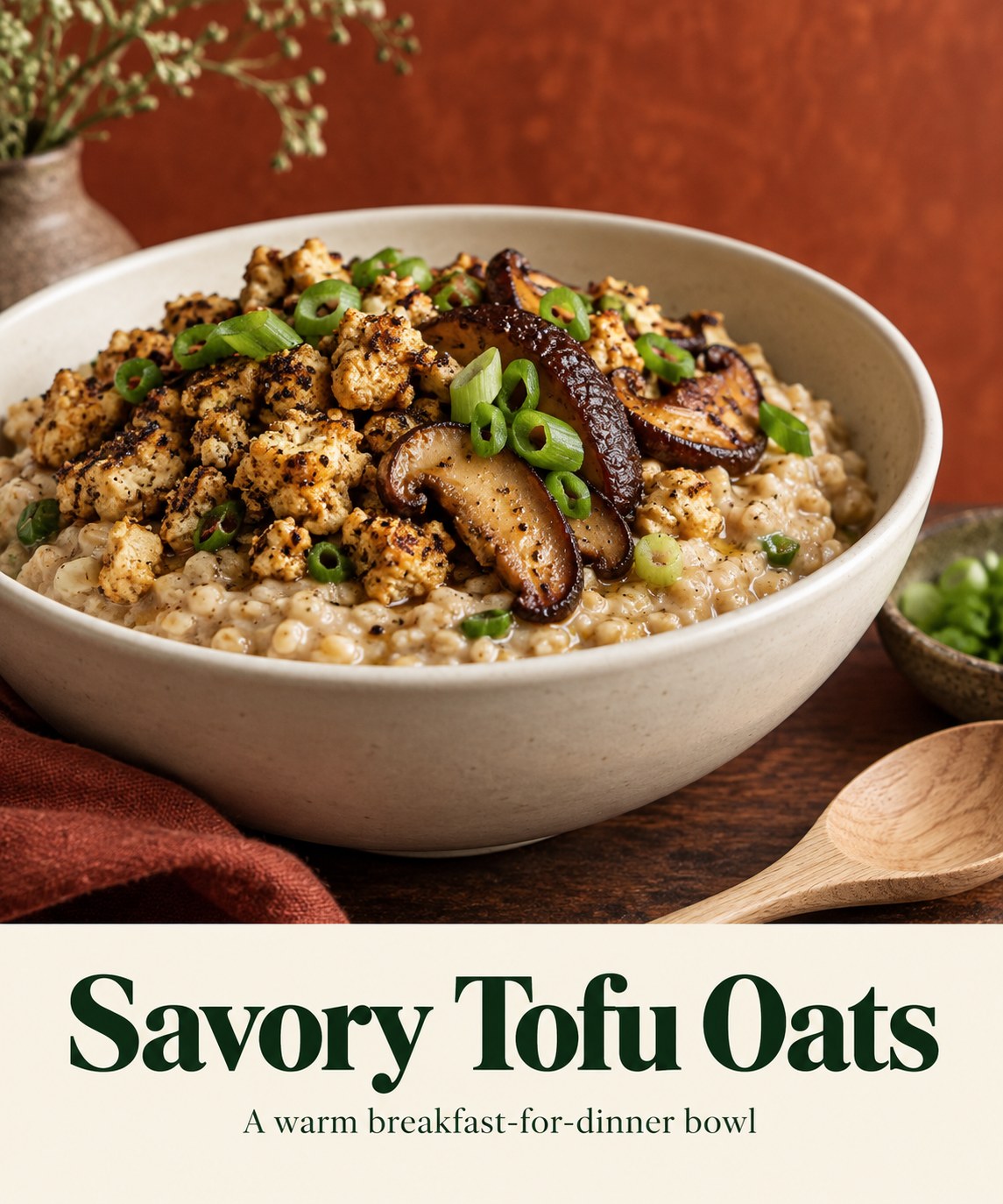 Savory oats topped with browned tofu, shiitake mushrooms, and scallion above the words Savory Tofu Oats.