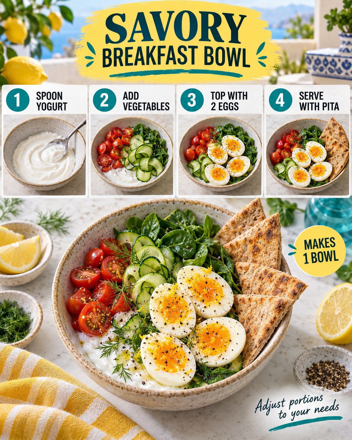 Breakfast infographic showing yogurt, vegetables, two eggs, pita, four assembly steps, and one finished savory bowl.
