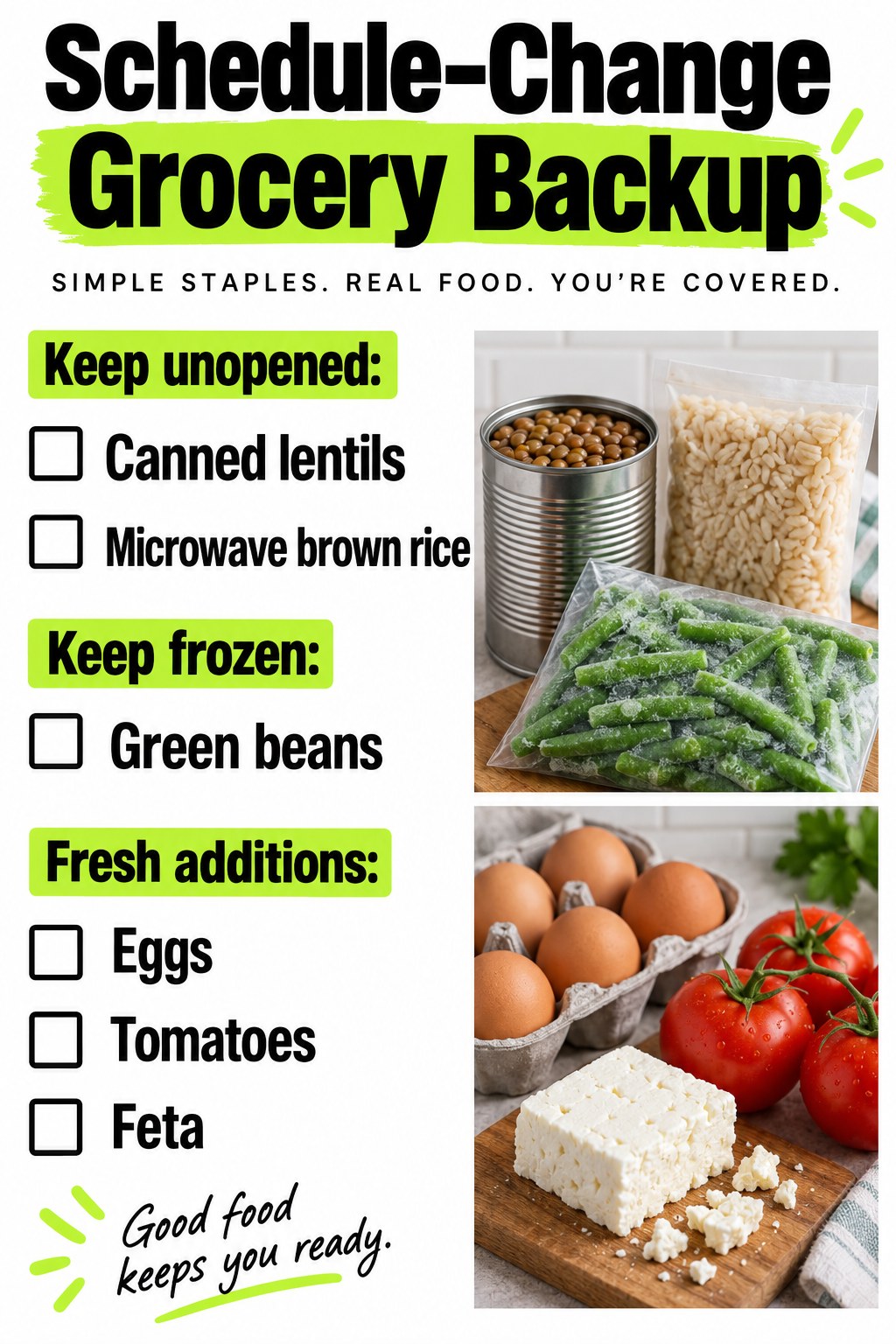White and lime shopping page listing canned lentils, microwave brown rice, frozen green beans, eggs, tomatoes and feta.