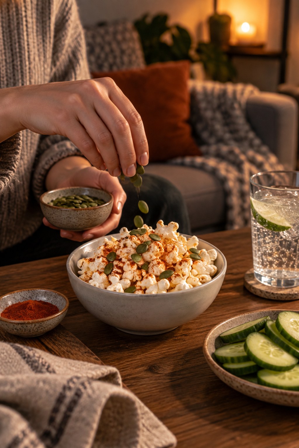 Adult sprinkling pumpkin seeds over paprika-seasoned air-popped popcorn beside cucumber and sparkling water.