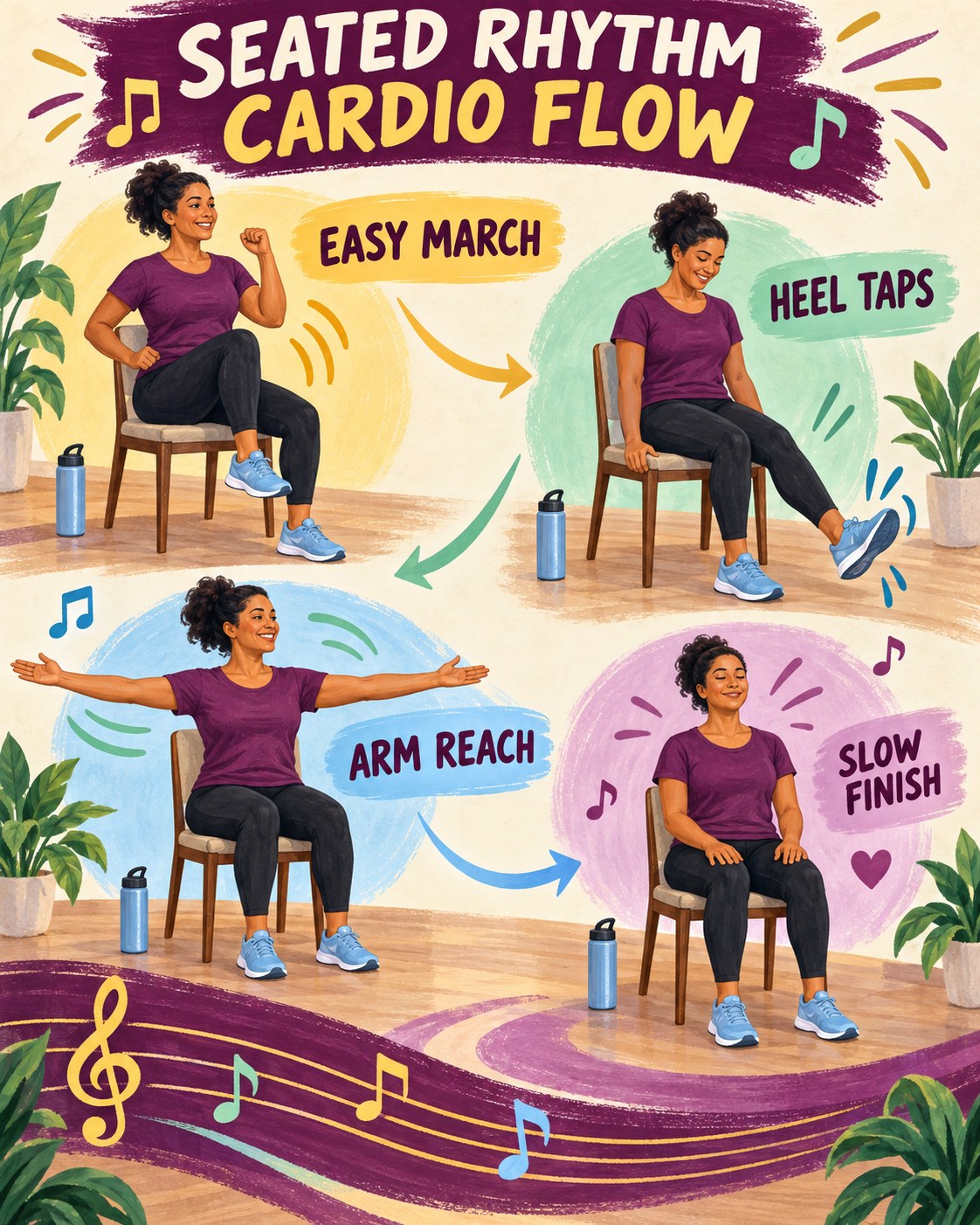 Plum, yellow, mint, and blue painted infographic showing four parts of a seated rhythm cardio flow.