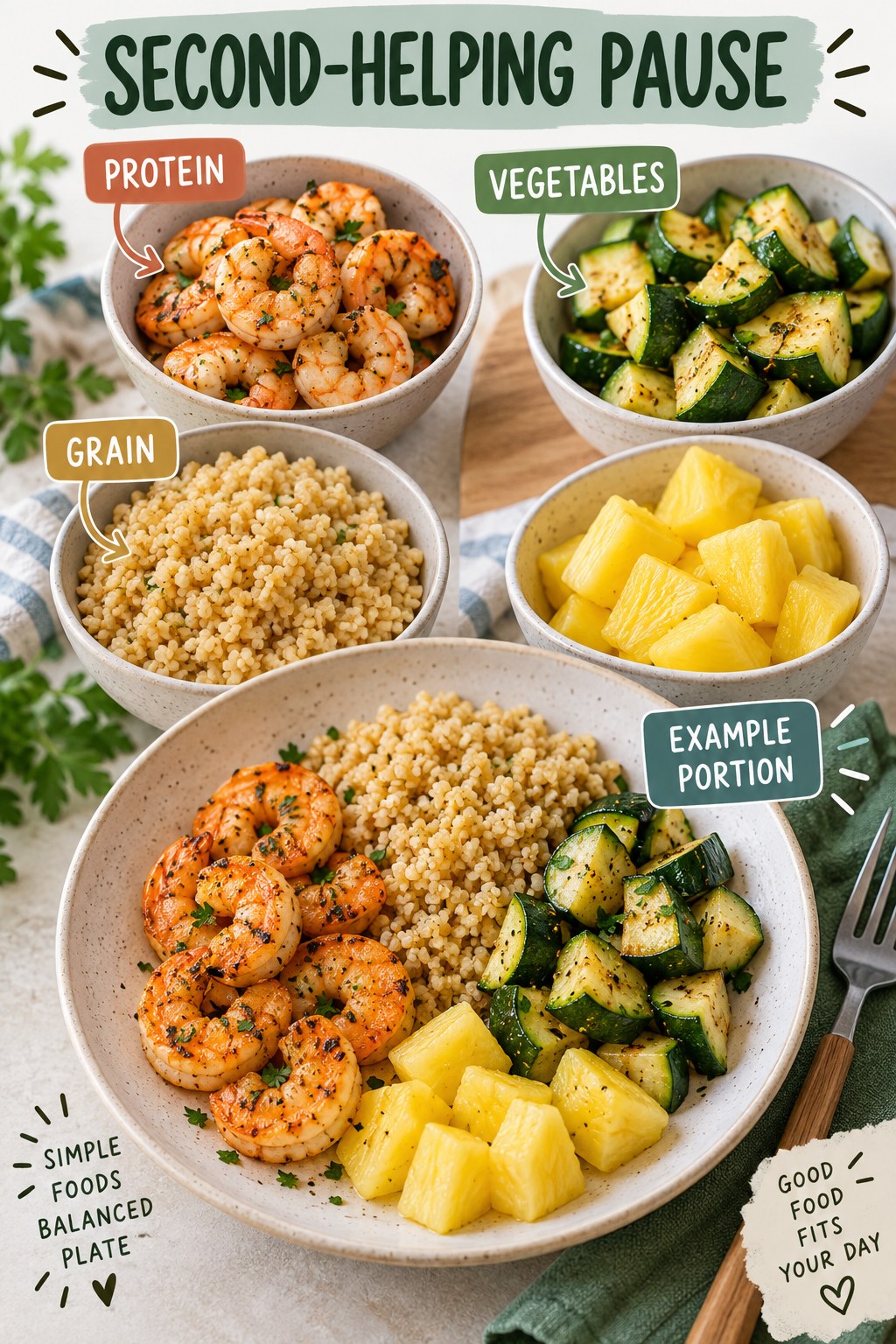 Second-Helping Pause visual using shrimp, bulgur, zucchini, and pineapple as flexible example portions for Weight Loss Recipes.