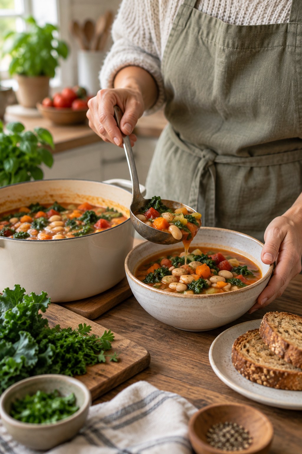 Adult ladling tomato, white bean, carrot, celery, and kale soup into a bowl beside whole-grain toast.