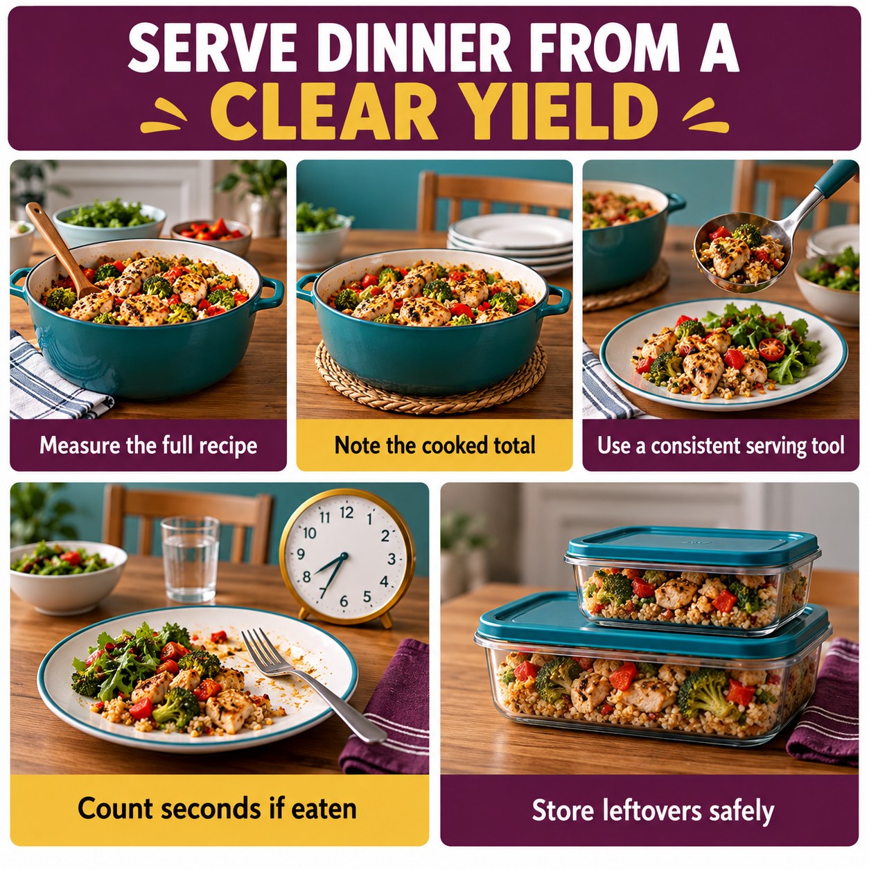 Family-style dinner infographic showing the full recipe, cooked total, consistent serving tool, seconds, and safe leftovers