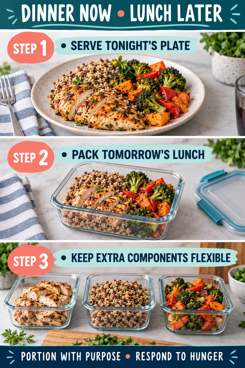 Dinner plate, packed lunch, and separate flexible meal components arranged in three steps.