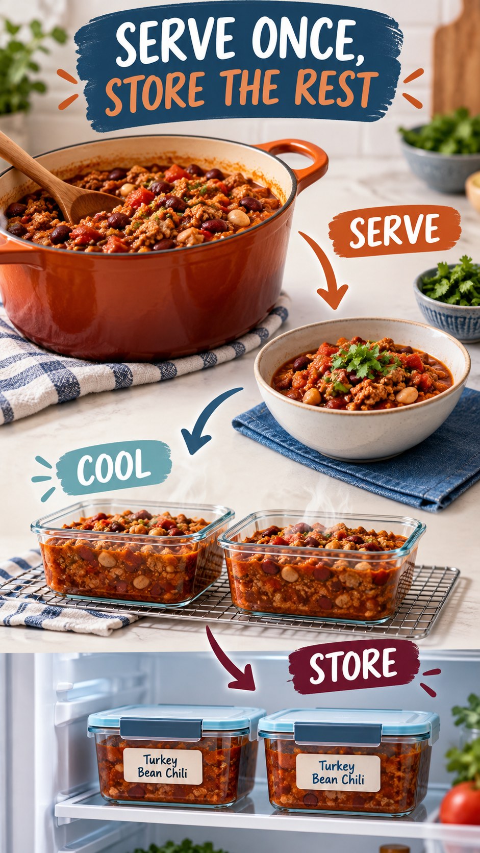 Pot of turkey bean chili with one served bowl and two shallow labeled containers cooling for storage