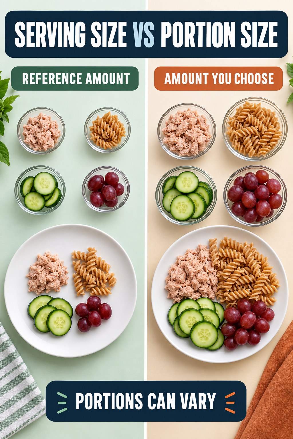 Serving Size vs Portion Size visual using tuna, whole-wheat pasta, cucumber, and grapes as flexible example portions for Portion Control.