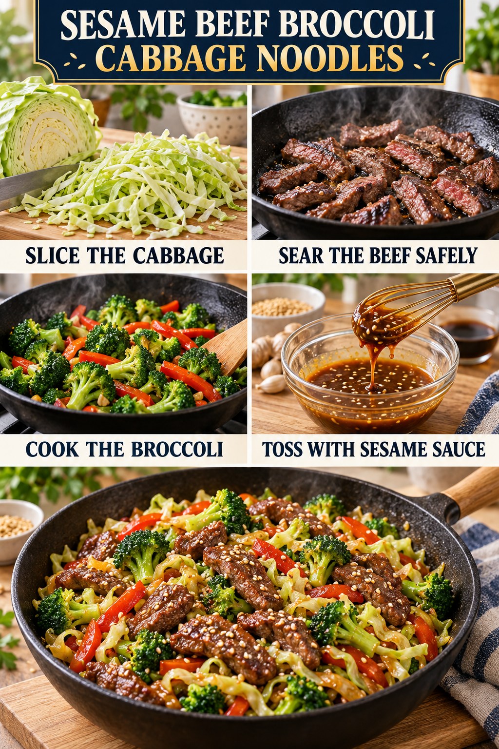 Sesame beef broccoli cabbage noodle infographic showing sliced cabbage, safely seared beef, cooked broccoli, sesame sauce, and a finished skillet.