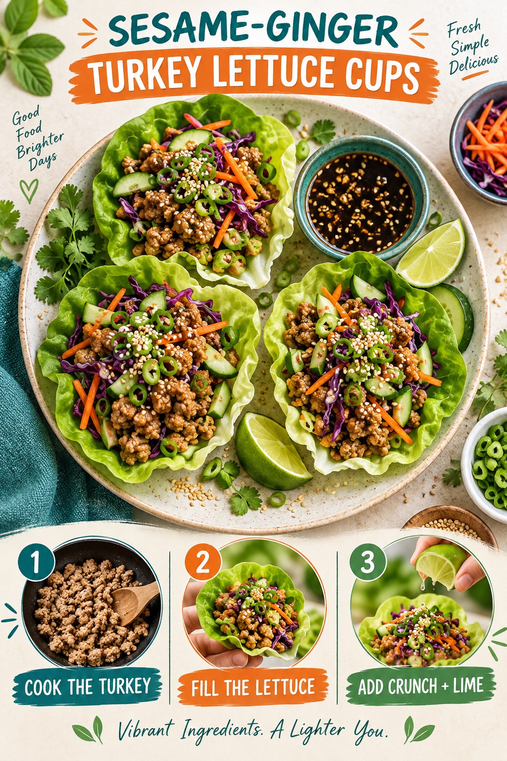 Sesame-ginger turkey in lettuce cups with cabbage, carrots, cucumber, scallions, sesame seeds, lime, and dipping sauce.