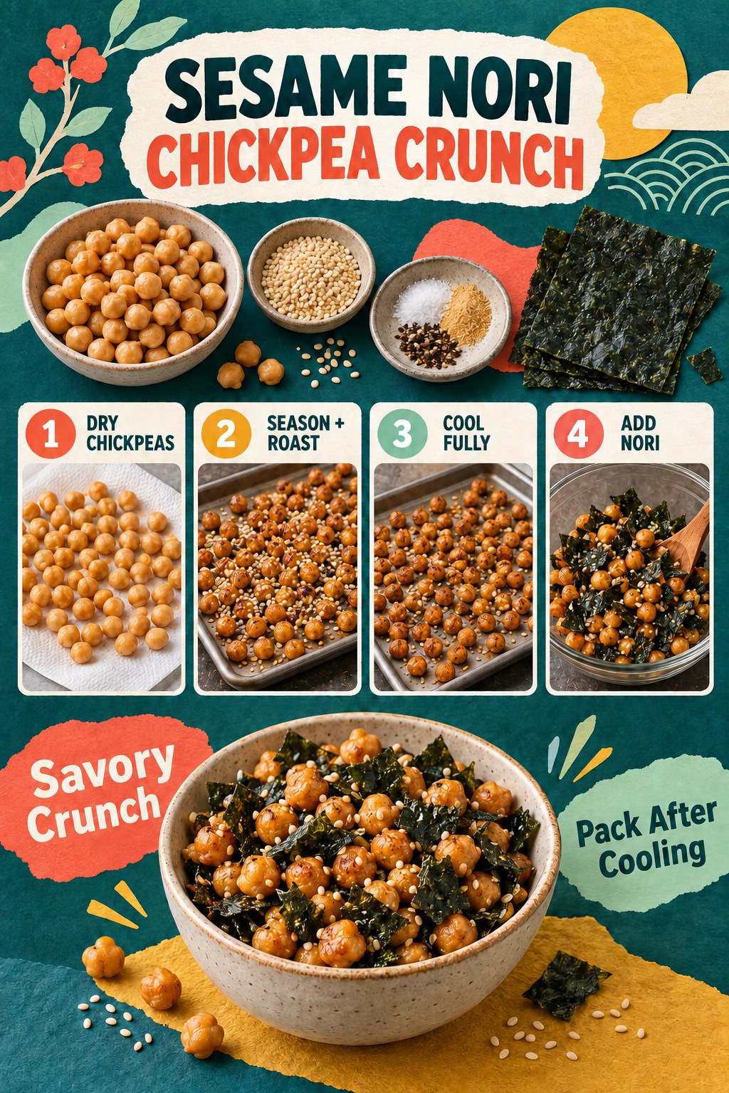 Portrait recipe infographic showing chickpeas, sesame seeds, nori sheets, a roasting tray, four preparation steps, and a finished snack bowl.