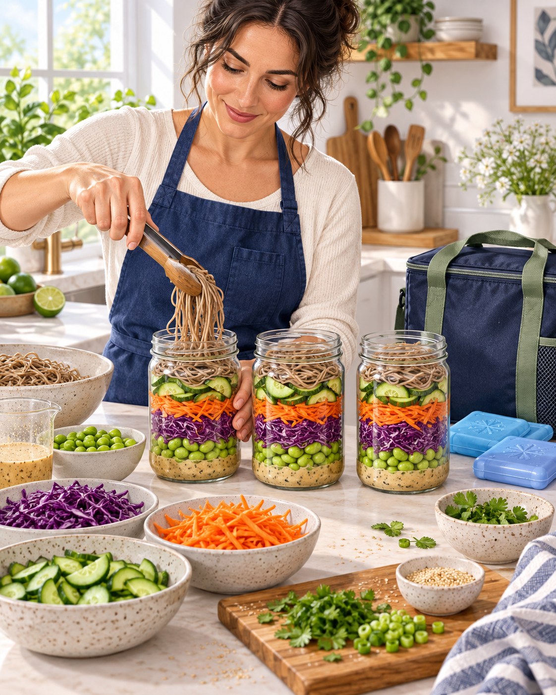 Woman layering edamame, red cabbage, carrots, cucumber, and soba noodles into three lunch jars