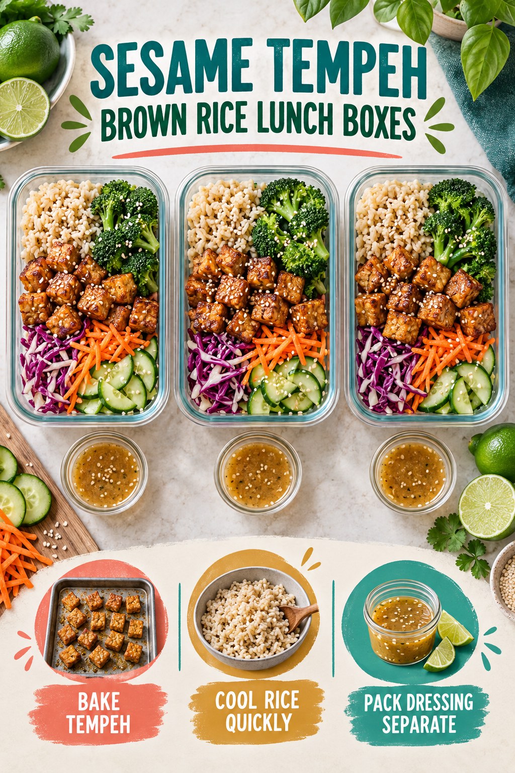 Three sesame tempeh brown rice lunch boxes with broccoli, cabbage, carrots, cucumber, and separate dressing