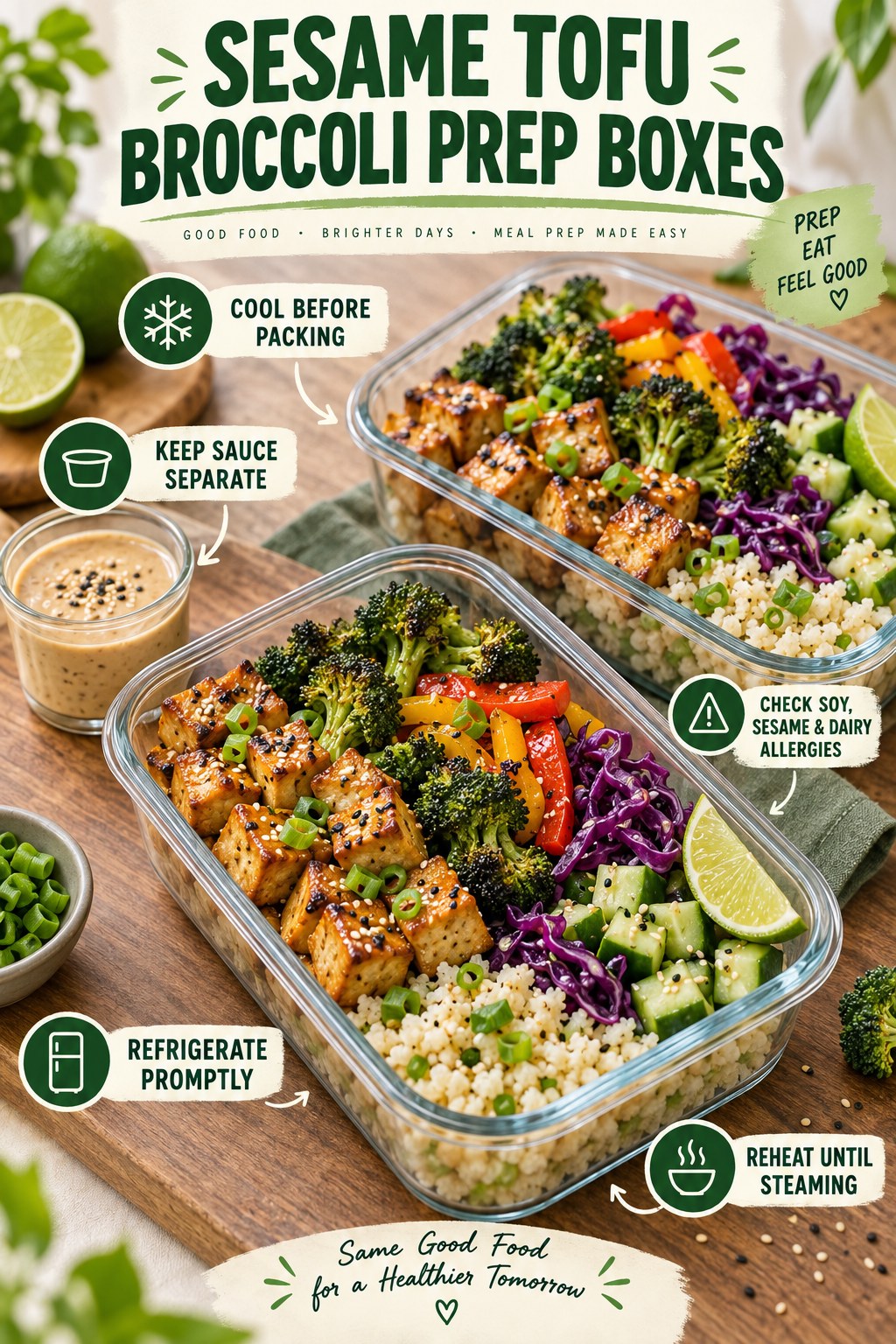 Sesame tofu meal prep boxes with broccoli, peppers, cabbage, cucumber, cauliflower rice, lime, and sauce.