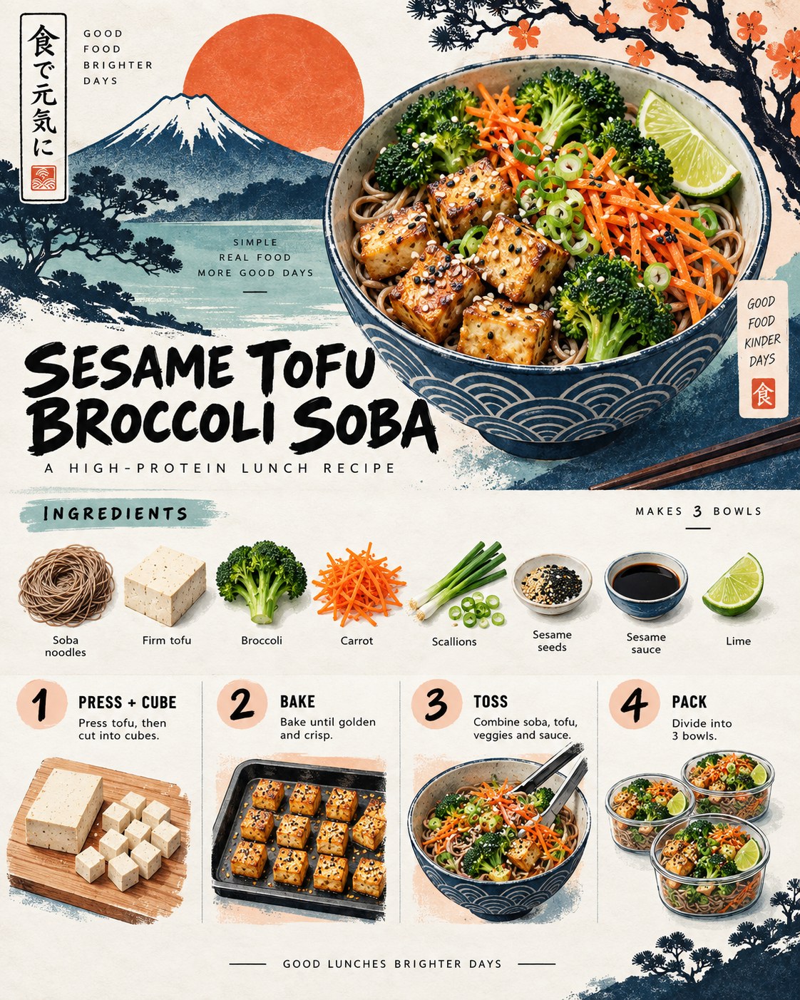 Indigo, seafoam, persimmon, peach, white, and black woodblock-style infographic for tofu-broccoli soba bowls.