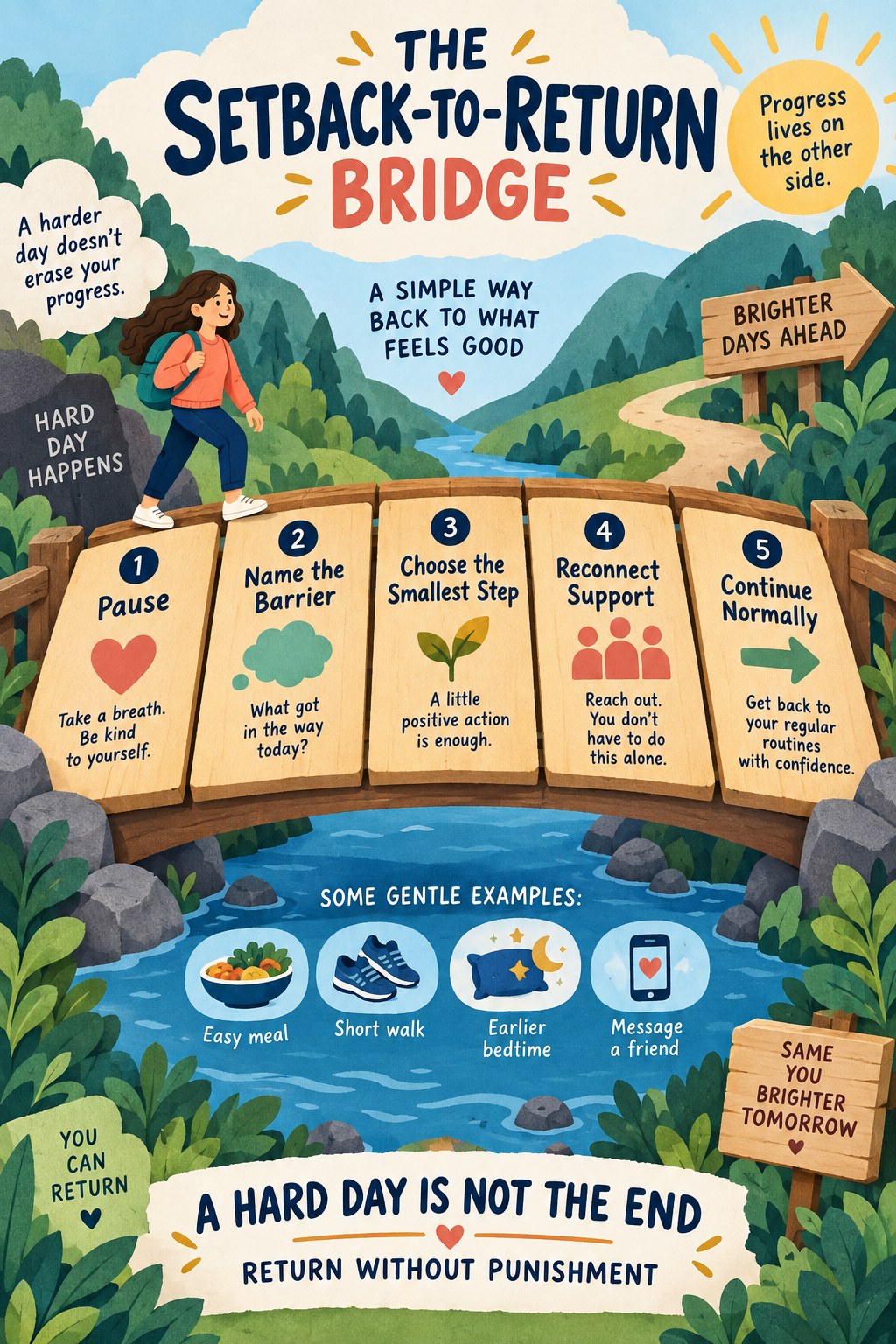Portrait storybook infographic showing a five-plank bridge from pause and naming a barrier to support and normal routine.