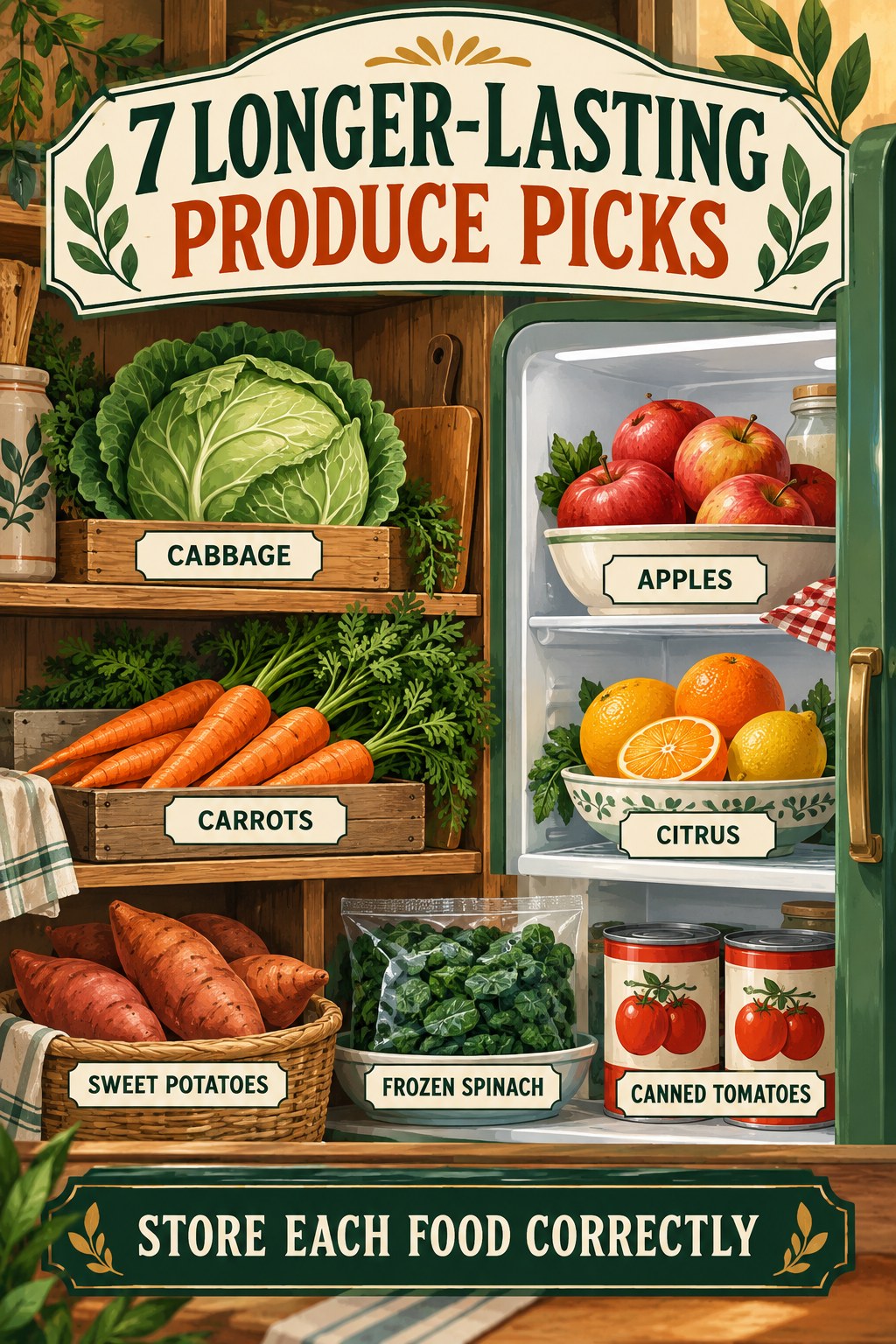 Vintage-style portrait produce infographic showing labeled cabbage, carrots, apples, citrus, sweet potatoes, frozen spinach, and canned tomatoes.