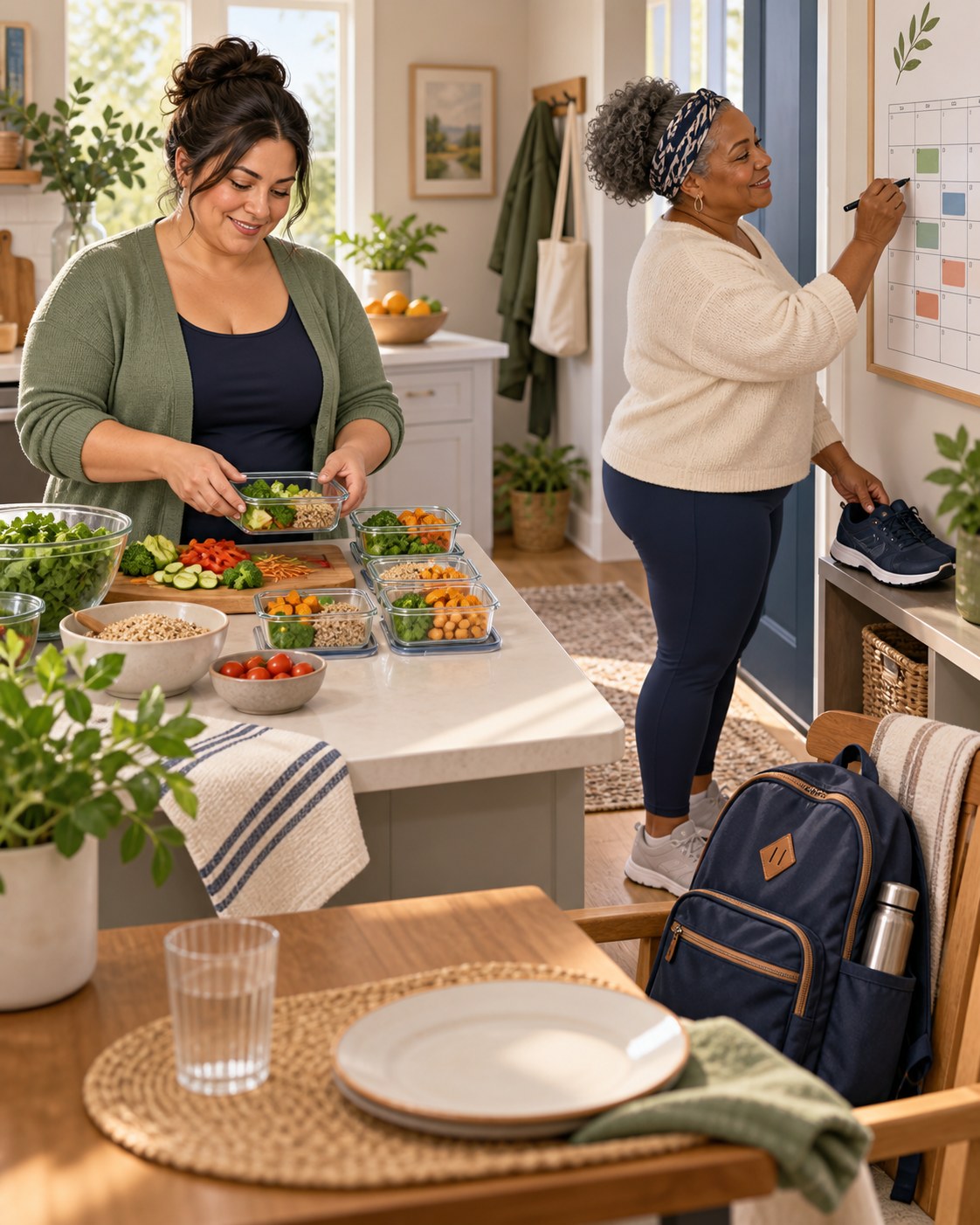 Two women sharing meal preparation and calendar planning in a bright home kitchen