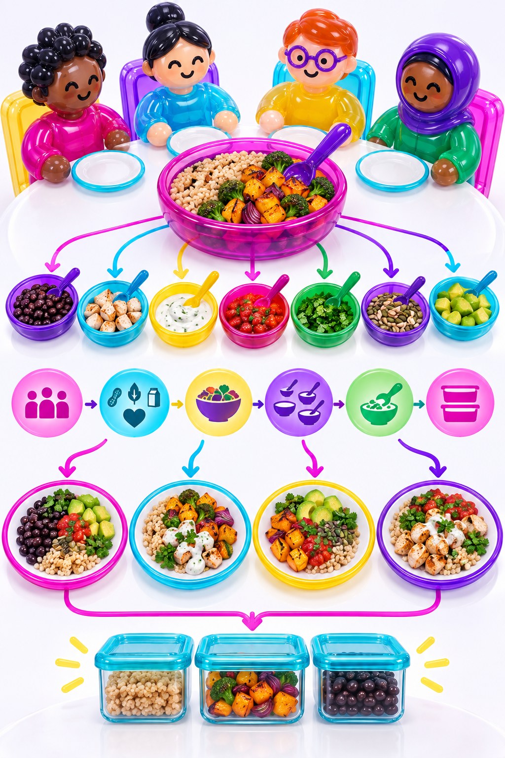 Glossy inflatable-style household meal-plan infographic with a central grain-and-vegetable base, seven add-ons, four distinct plates, and storage.
