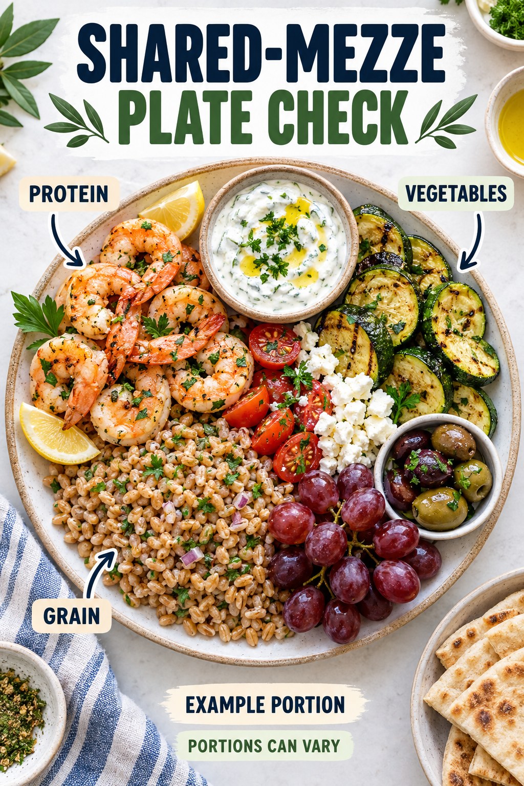 Shared-Mezze Plate Check visual using shrimp, farro, zucchini, and grapes as flexible example portions for Mediterranean Diet Recipes.