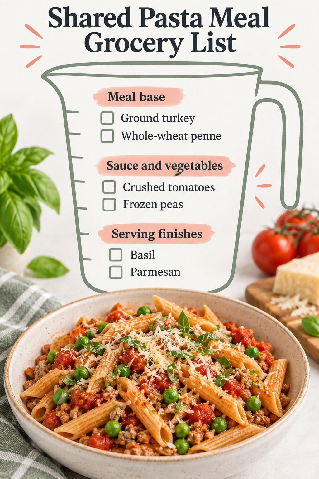 Sage and coral measuring-jug grocery checklist listing turkey, whole-wheat penne, tomatoes, peas, basil and Parmesan.