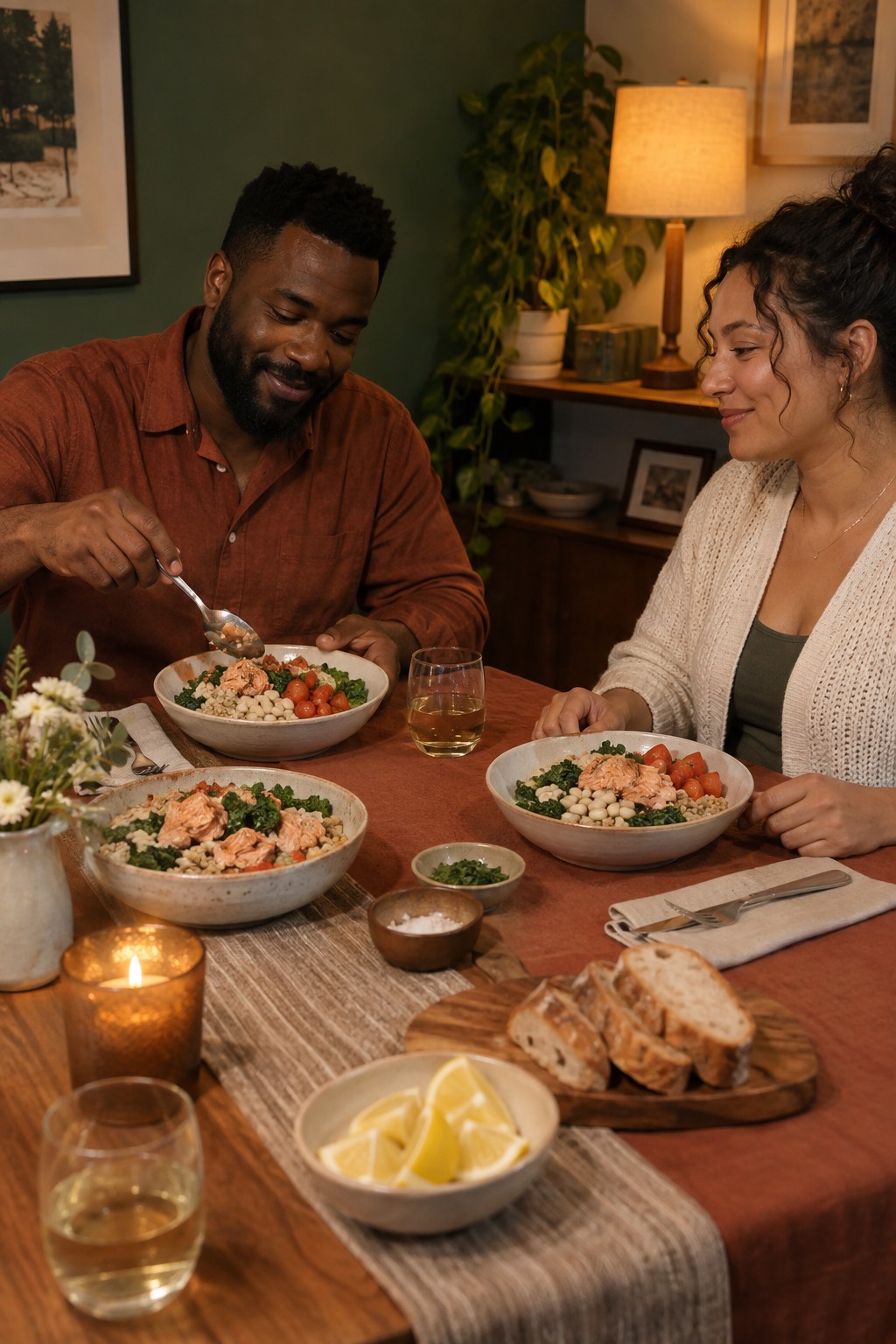 Two adults sharing a warm evening meal with bowls of salmon, white beans, grains, greens, and tomatoes.