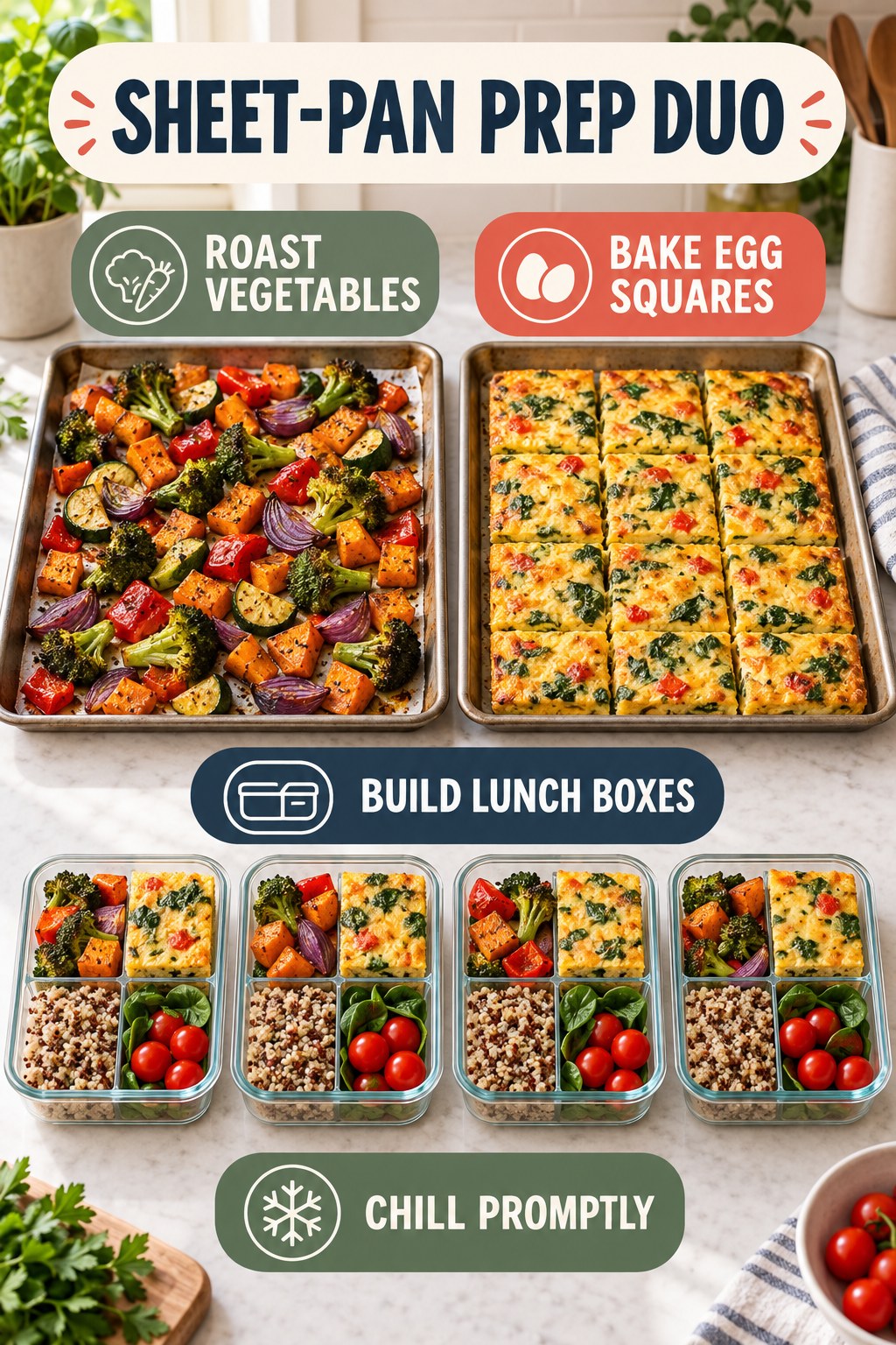 Sheet-pan meal prep infographic showing roasted vegetables, baked egg squares, four lunch boxes, and safe chilling guidance.