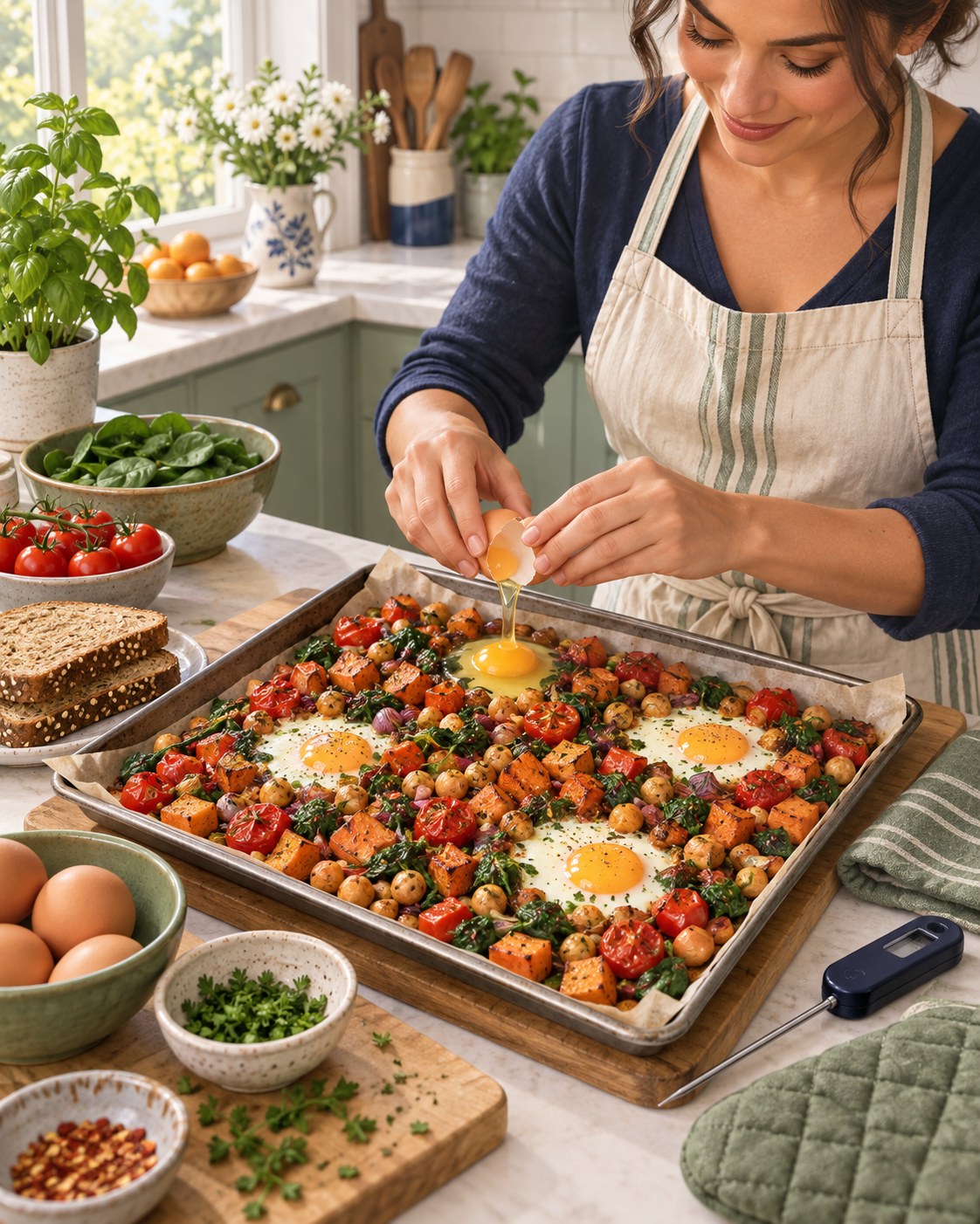 Woman cracking eggs into roasted chickpeas, sweet potato, peppers, tomatoes, and spinach on a sheet pan