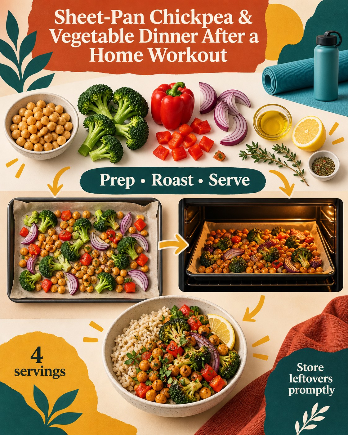 Cut-paper infographic showing chickpeas, vegetables, sheet-pan roasting, brown rice, lemon, and four servings.
