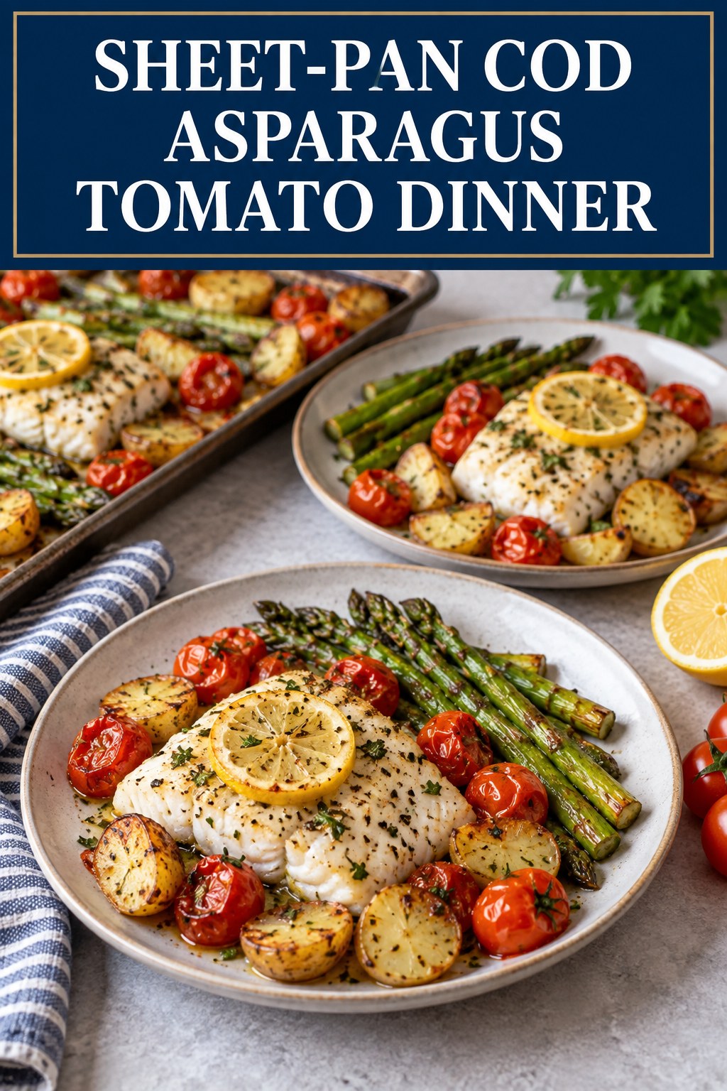 Two servings of sheet-pan cod asparagus tomato dinner made with cod, asparagus, and vegetables.