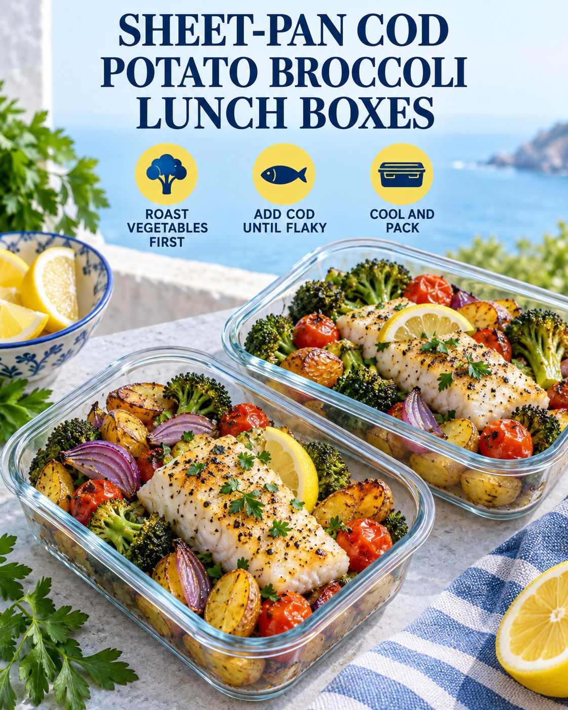 Two sheet-pan cod potato broccoli lunch boxes with red onion, cherry tomatoes, parsley, lemon, and packing reminders.