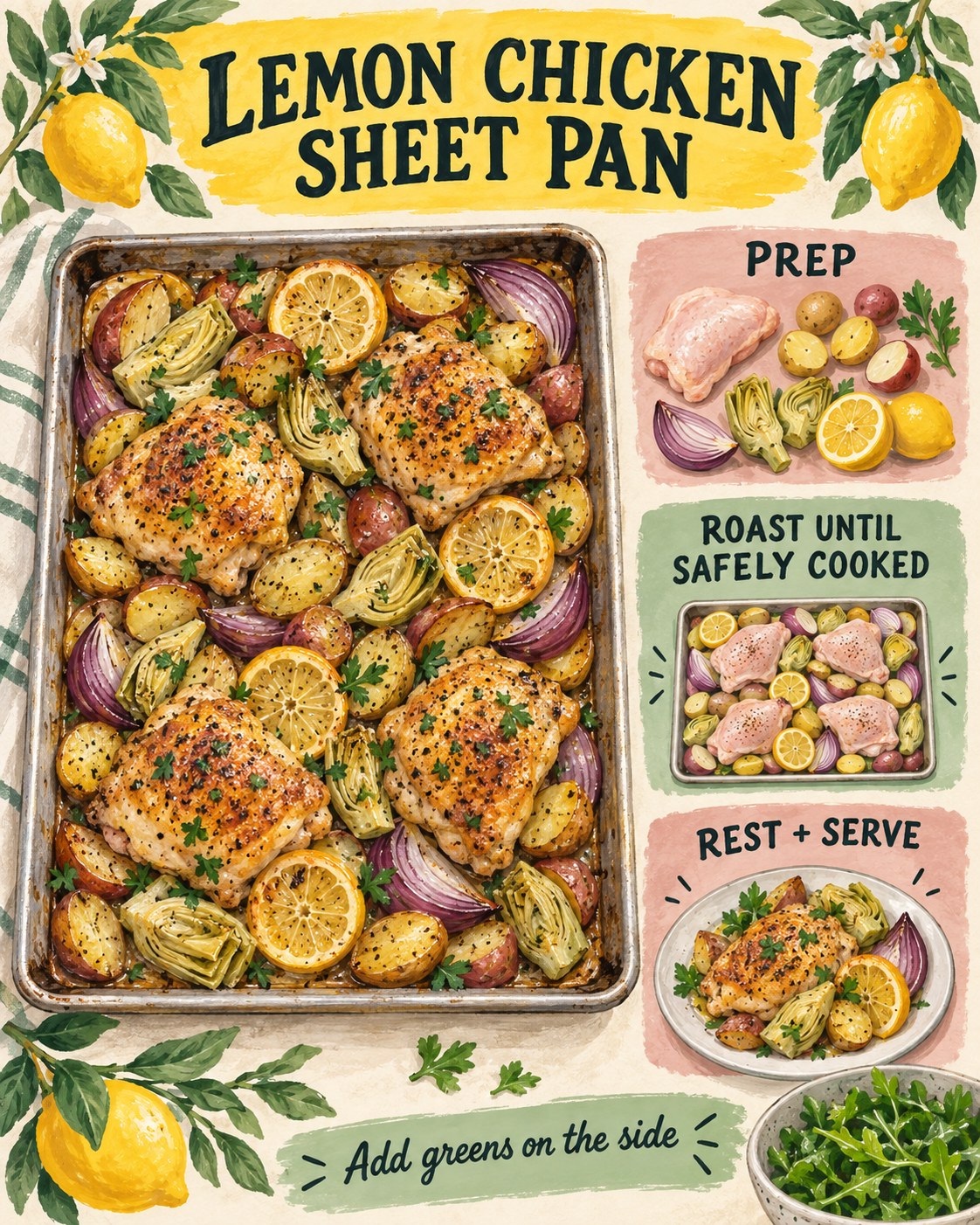 Yellow, sage, and dusty rose cookbook infographic showing lemon chicken thighs, potatoes, artichokes, onion, herbs, and greens.