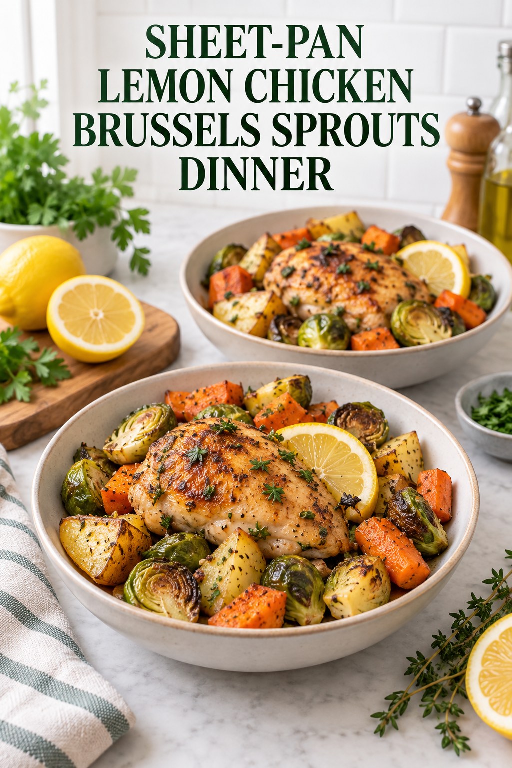 Two servings of sheet-pan lemon chicken brussels sprouts dinner made with chicken, Brussels sprouts, and vegetables.